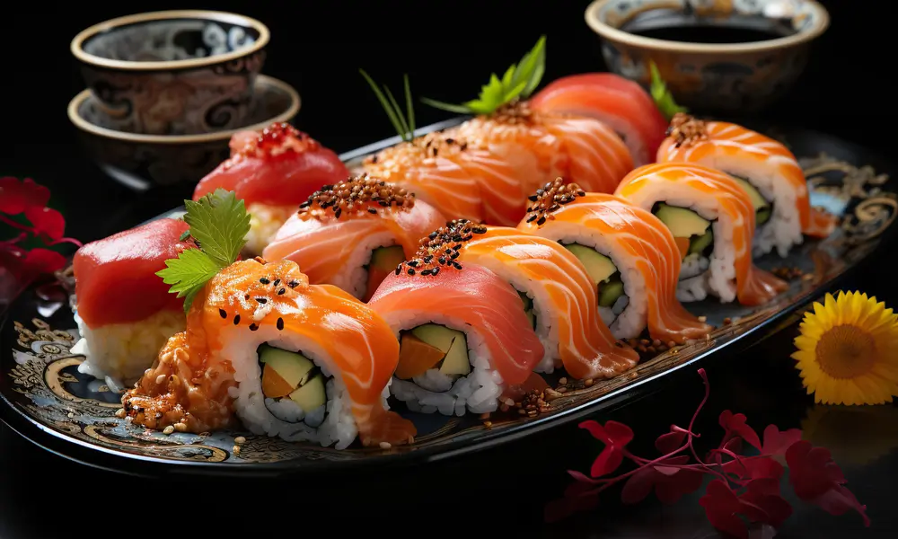 Assorted sushi rolls with salmon, tuna and garnishes at Sushi Infinity, a Japanese Restaurant in Halifax